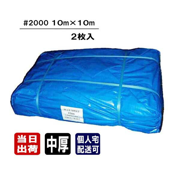 ブルーシート #2000 中厚タイプ 10m×10m 2枚入 養生 台風 防災 備蓄 雨水 雨漏り 雨よけ 日よけ 風よけ 対策 防水 防雪 カバー 農作業|カンノ商会 店