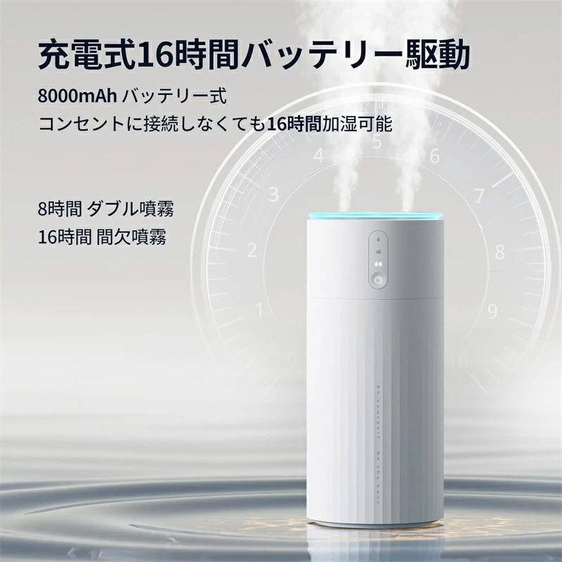 オフィス/リビ 冬乾燥対策 空焚き防止 空気清浄 自動停止 照明付き 3段階の調整モード 16時間連続加湿 8000mAh大容量バッテリー 超音波式 小型 加湿器 静音 省エネ お手入れ簡単 充電式加湿器 上から給水 ダブル噴霧 大容量1L 卓上