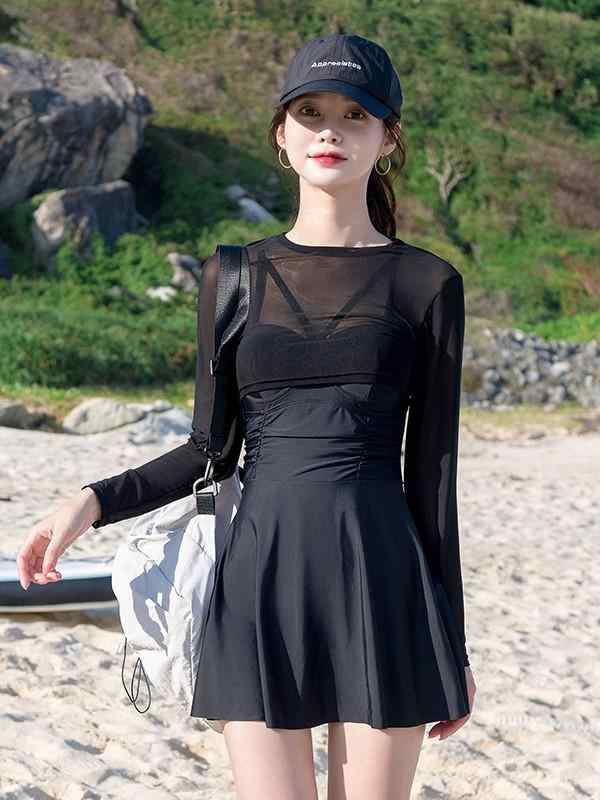 大きいサイズ グリーン ブラック 無地 シンプル リゾート 旅行 温泉 スイムウェア ワンピース 体型カバー カバーアップ 長袖 レ