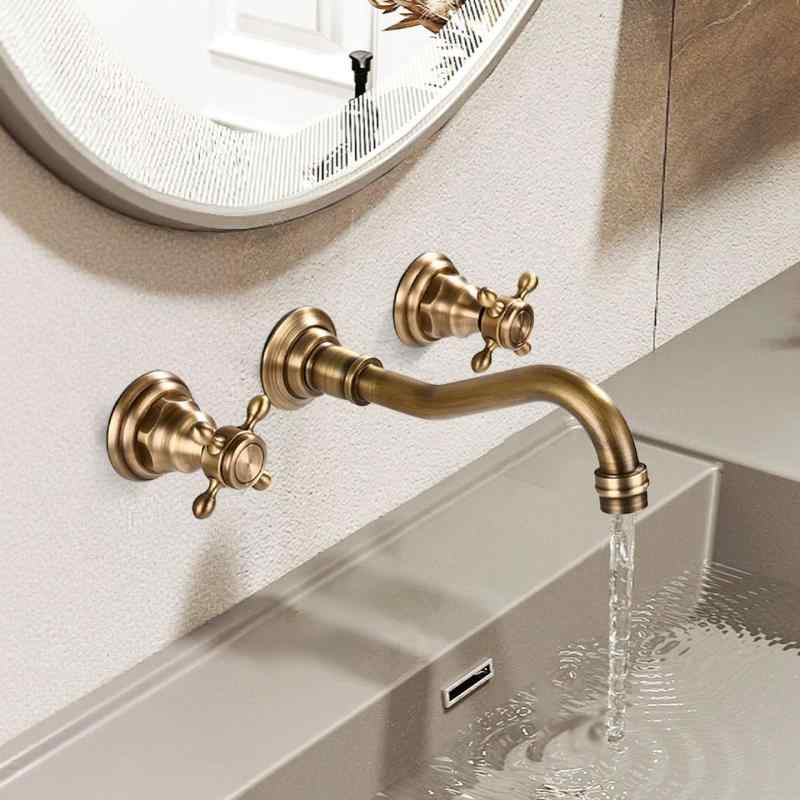 3点仕掛ける 2手持ち部分 レトロ調 風呂場用 金管楽器 セパレート式 金管楽器製 洗面台 3穴 アンティーク調 練り合わせる水栓 壁埋め込み型 欧風デザ