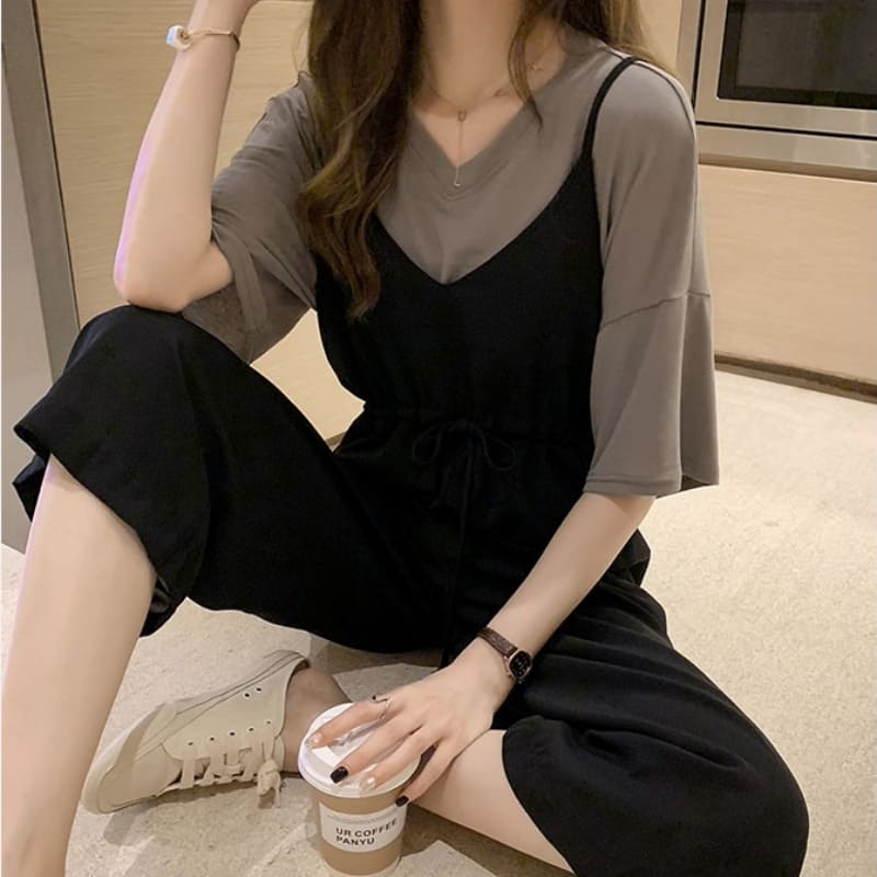 大きいサイズ 6074 30代 かわいい シャツ オールインワン おしゃれ ファッション 10代 韓国 つなぎ 半袖 Tシャツ トップス 20代