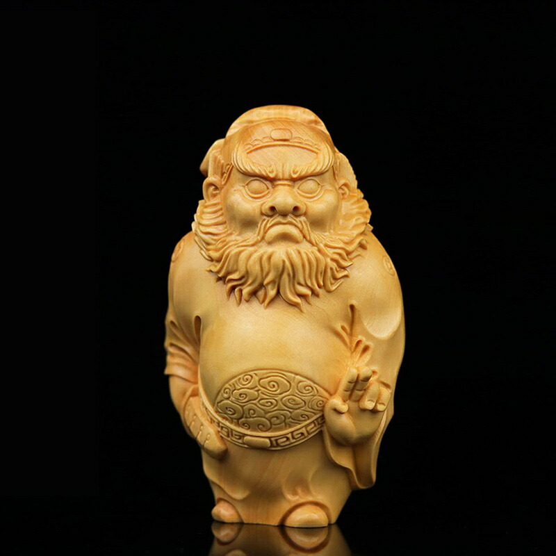 細密画仏像 鍾馗様【鍾馗・鎮宅聖君】飾りつけ （木製：ツゲ）＿木彫り 仏像 刻みつける仏像 神像 芸術品 ミニ型 仏像世界 黄楊 柘植 伝染病逃げ失せる 厄災除け 風水 金運 開運 財運(Size:8.5糎