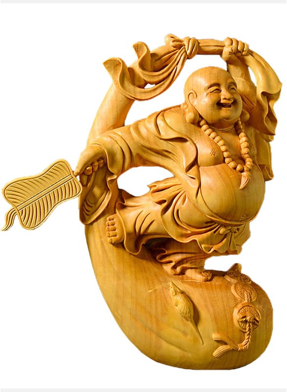 仏像 木彫り 七福神 布袋 様 布袋さんの飾りつけ 柘植製 ツゲ 半手作り 彫像制作者芸品 相図飾りつけ 布袋様 飾りつけ 金運 手当て 金運グッズ 祈る 開運 風水 守り本尊(Size:11*7糎)