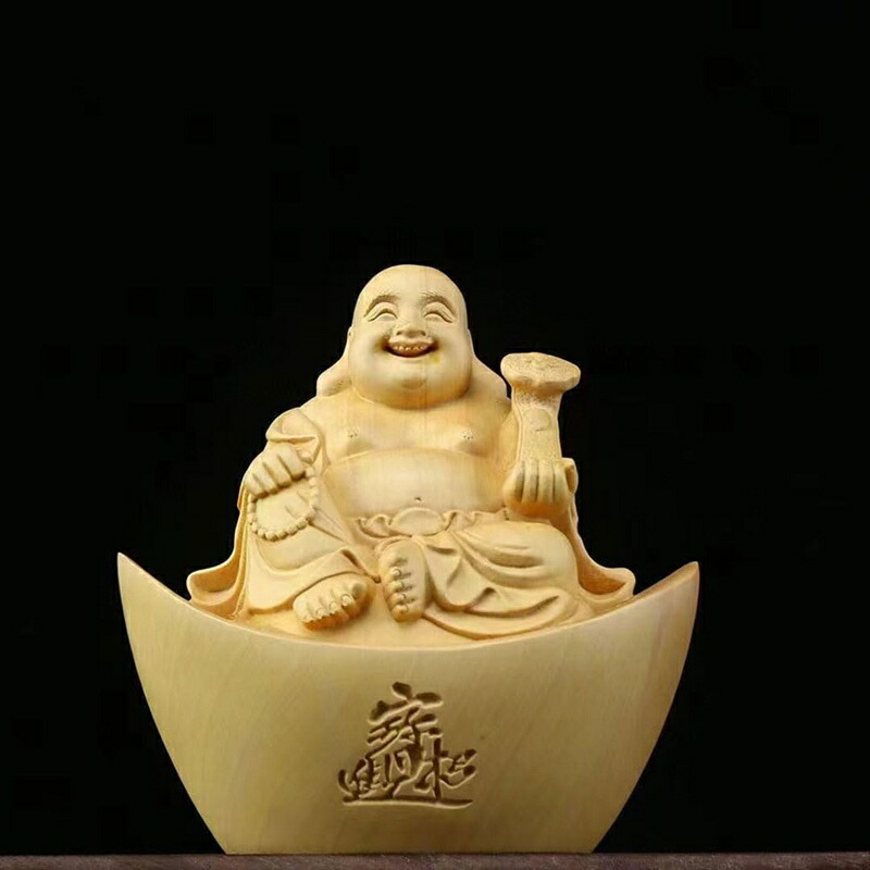 布袋様 小型 木製刻みつける（高さ11.5cm×巾11糎）七福神飾りつけ 仏像 木彫り 布袋さんの飾りつけ 金運 飾りつけ 風水グッズ【 木像の飾りつけ】 (桧木)