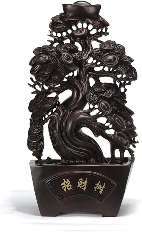 木彫り飾りつけ【招財樹 金のなる木】まっ黒 (艶あり) 【お引き立て運・財運引きあげる】刻みつける 飾りつけ 風水 (高さ27 糎)