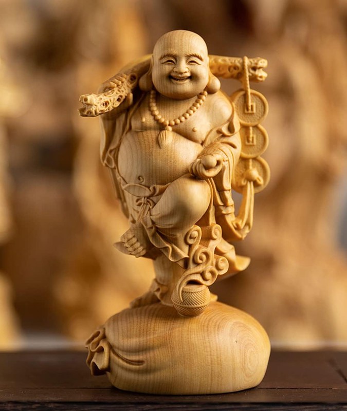 仏像 木彫り 布袋様の置物 高級天然ツゲ木彫り 金運 お守り(Size:高さ12 cm)|感謝マーケット