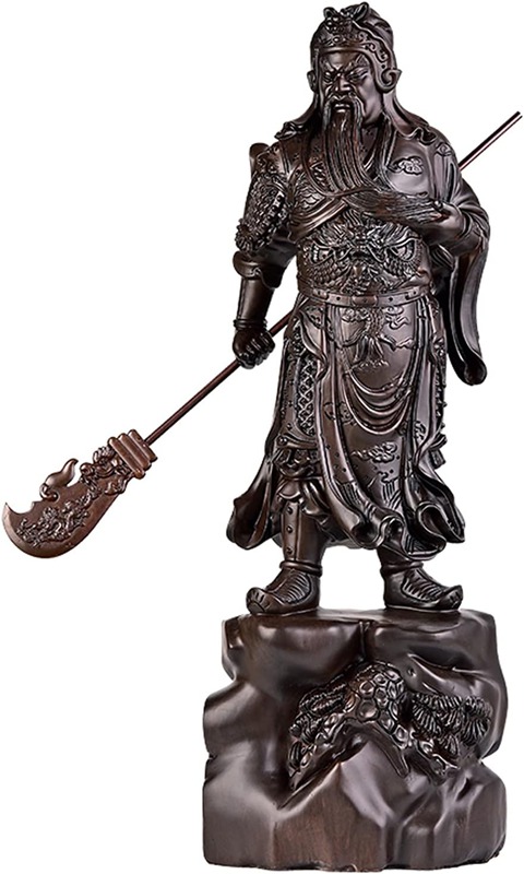 三国志 関羽 雲長 飾りつけ 木彫り 関羽像 武財神 青龍三日月刀 木製刻みつける まっ黒調 縁起物 開運祈とう 手当て 魔除け 風水グッズ(Size:高さ30糎)