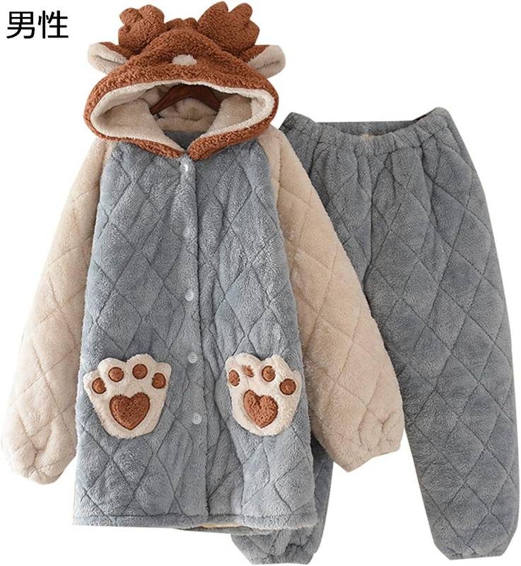 ルームウェア ペアルック パジャマ 冬 フランネル 厚手 部屋着 寝巻き キャラクター 可愛い フード付き 前開き 上下セット 長ズボン 寒さ対策 もこもこ 柔らか メンズ レディース カジュアル お出掛け｜感謝マーケット