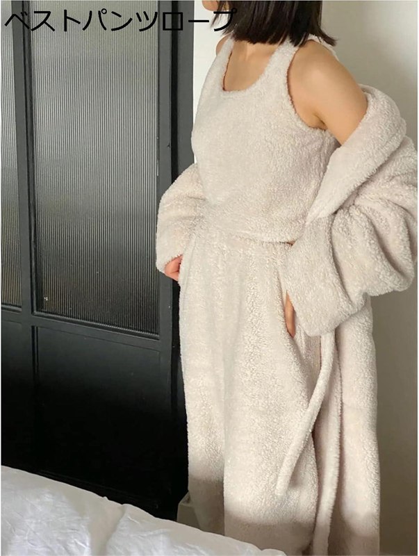 レディース 化粧着 綿ネル パジャマ 3点仕掛ける 上下仕掛ける より良い ロングズボン下 分かりやすい 無地 長袖 年月 冬用 ナイト爵化粧着 ボアフリース ロング丈 家着 寝巻き 気が大きい大きさ 通気性 ベージュ