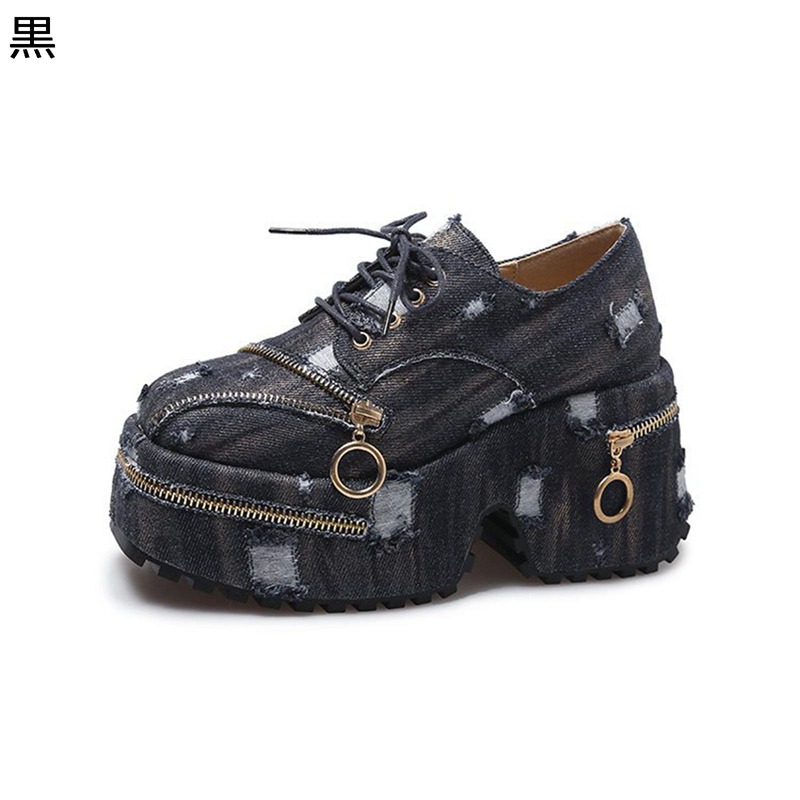ゴスロリ パンプス 超厚底 身長アップ レディース ジッパー 8cm ローカット レースアップ パンククールゴス おじ靴 地雷 原宿 パンク風 病みかわいい プラットフォーム スクエアトゥ｜感謝マーケット