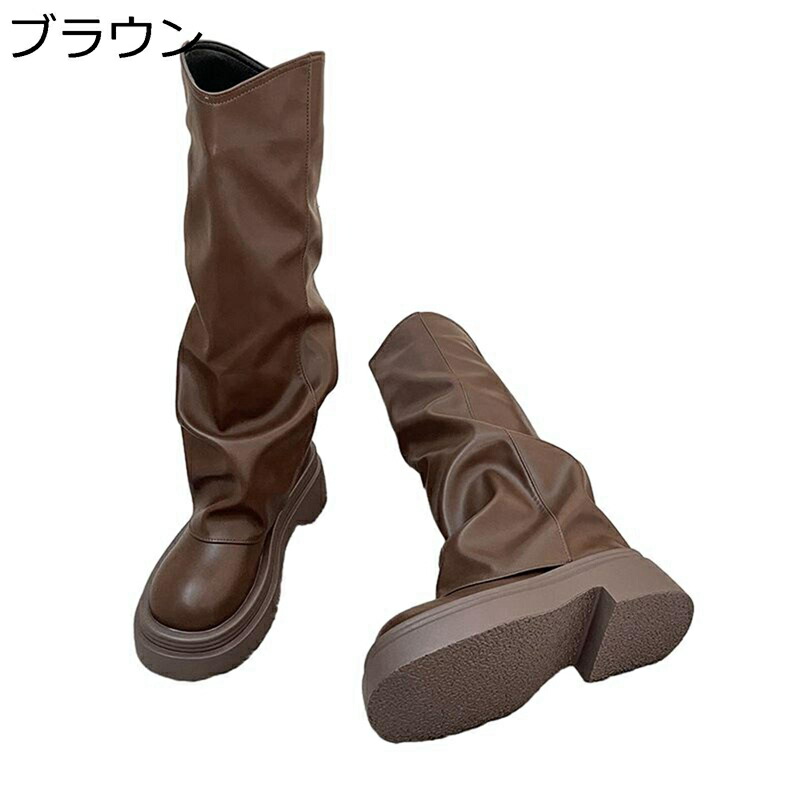 ロングブーツ 厚底 レディース 長ブーツ ドレープ くしゅくしゅ 膝丈 ゆったり パステル色の 秋冬 美脚 お上さん用 ガーリー サブカル ファション 流行り物系 好いたらしい ラウンドトゥ 高筒ブーツ ホンブルグ帽 ゆったり