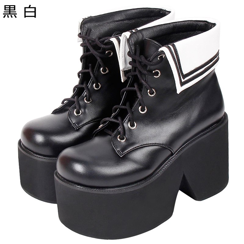 ショートブーツ 短め レディース 大きいサイズ 21.5-28.5cm 秋 冬 ハイヒール パッチワーク コンビ プラットフォーム レースアップ 原宿 太ヒール ラウンドトゥ 滑り止め 耐摩耗 歩きやすい｜感謝マーケット