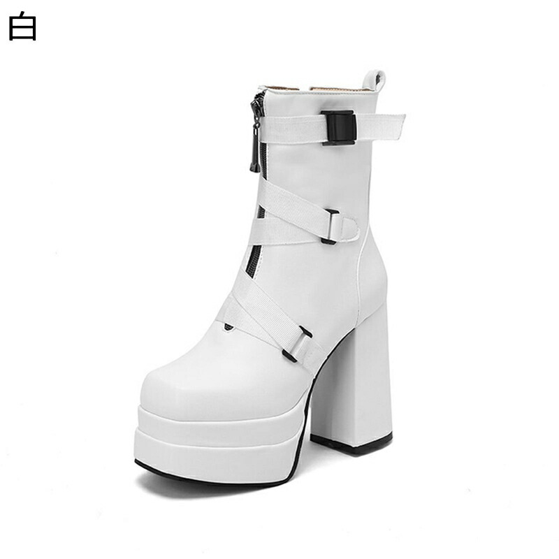 ショートブーツ 22.5-30.0cm 短め レディース 厚底ブーツ 甲ストラップ クロスストラップ ハイヒール ジップアップ 太ヒール スクエアトゥ lolita 原宿 ゴシック パンク ギャル 細見え|感謝マーケット