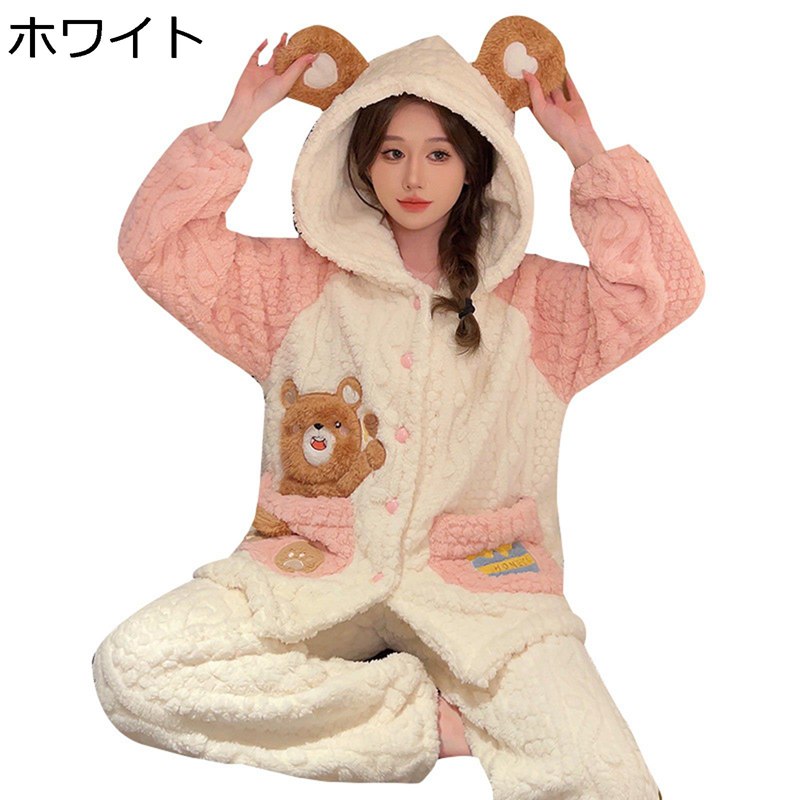 フランネルパジャマ 耳付き添い人ボンネット 気が大きい大きさ 5XL レディース 熊 お部屋お召しもの お部屋着 2着仕掛ける 長袖 ロングズボン下 パッチワーク 秋冬服 サンゴフランネル 前食い違い もこもこ もふもふ 好いたらしい 厚地 ゆったり