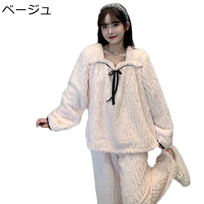 レディース パジャマ リポン もこもこ 5XL ルームウェア 無地 便利服 スクエアネック 暖かい 防寒保温 フランネル 上下セット 前開き 長袖 秋冬向き 長袖トップス キレイめ 部屋着 室内着 可愛い 長袖パジャマ