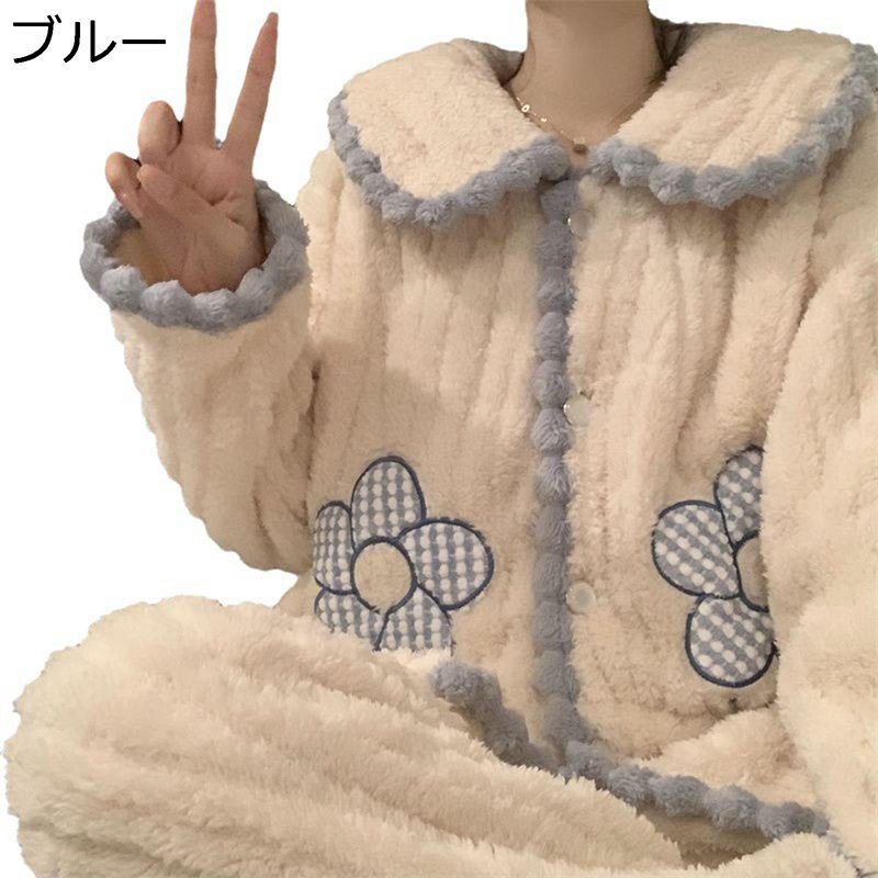 パジャマ 秋冬向き 花柄 折り襟 レディース 寝間着 ルームウェア 両面起毛 セットアップ サンゴネル 裹起毛 保温防寒 暖か フラワー カジュアル かわいい 女の子 少女 ガールズ ギフト 記念日|感謝マーケット