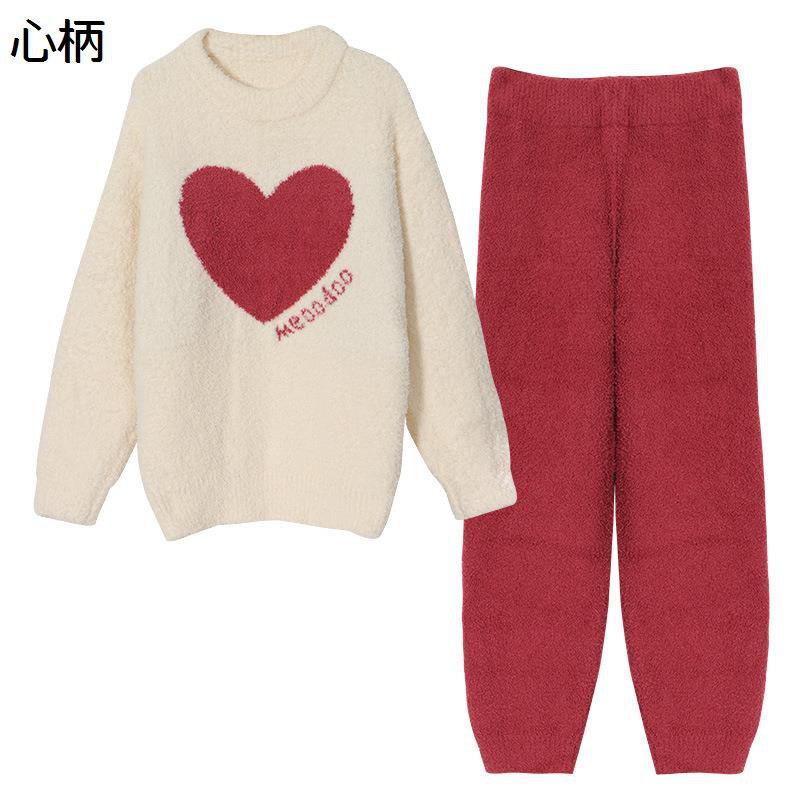 もこもこパジャマ レディース ルームウェア もこ 秋冬 ラウンドネック プルオーバープル ふわふわ 暖かい カットソー 可愛い 寝巻き ふわもこ 保温 上下セット 便利服 部屋着 外出着 ふんわり