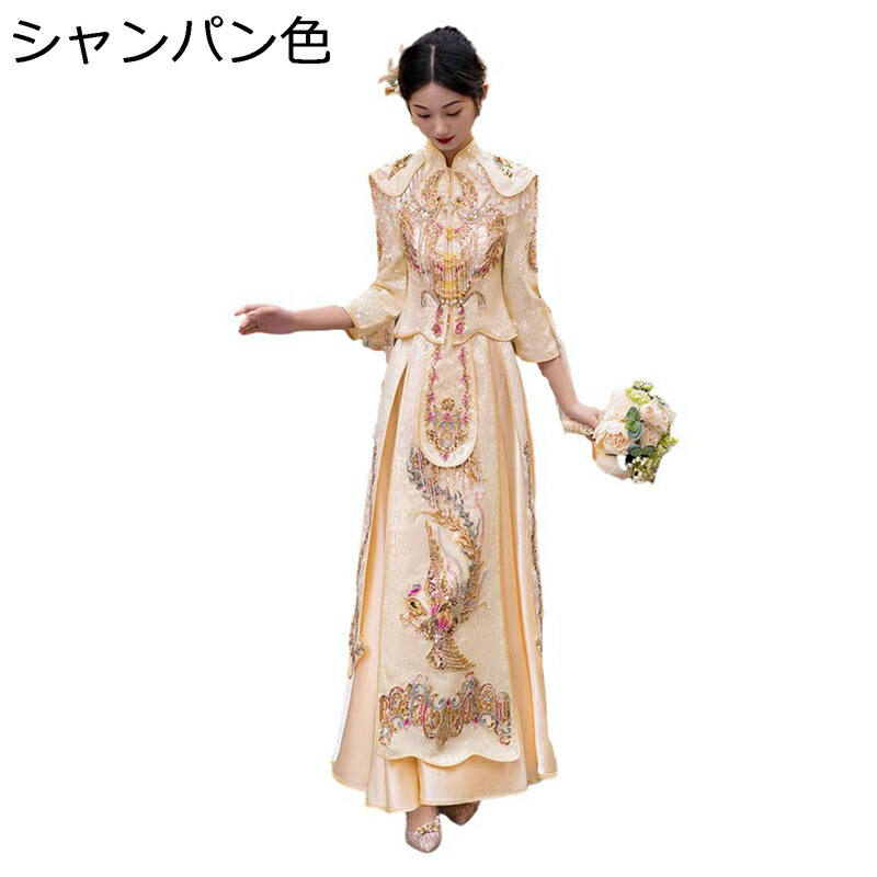 花嫁ドレス 民族衣装 チャイナ服 レディース 長袖 鳳凰柄 刺繍 チャイナ風 民族風 大きいサイズ ファッション エレガント 中華服 ドレス 結婚式 彼女 花嫁 フォーマルドレス マキシ丈|感謝マーケット