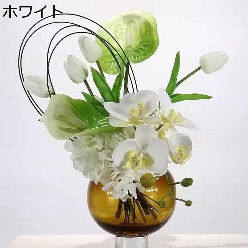 造花 フェイクフラワー チューリップ 胡蝶蘭 白 フラワーアレンジ インテリア ガラス花瓶付き 玄関 ins風 本物そっくり センターピース 置物 デスクトップ 部屋 リビング パーティー お手入れ不要｜感謝マーケット