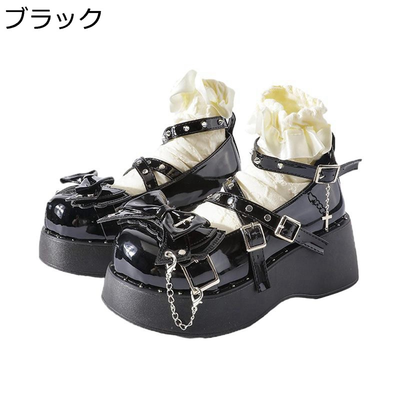 ロリータ 靴 レディース ゴスロリ ロリィタ 地雷系 ゴシック ウェッジ メイド メリージェーン パンプス 厚底 リボン付き プラットフォーム サブカル コスプレ靴 お茶会 変装 歩きやすい ラウンドトゥ 革靴|感謝マーケット
