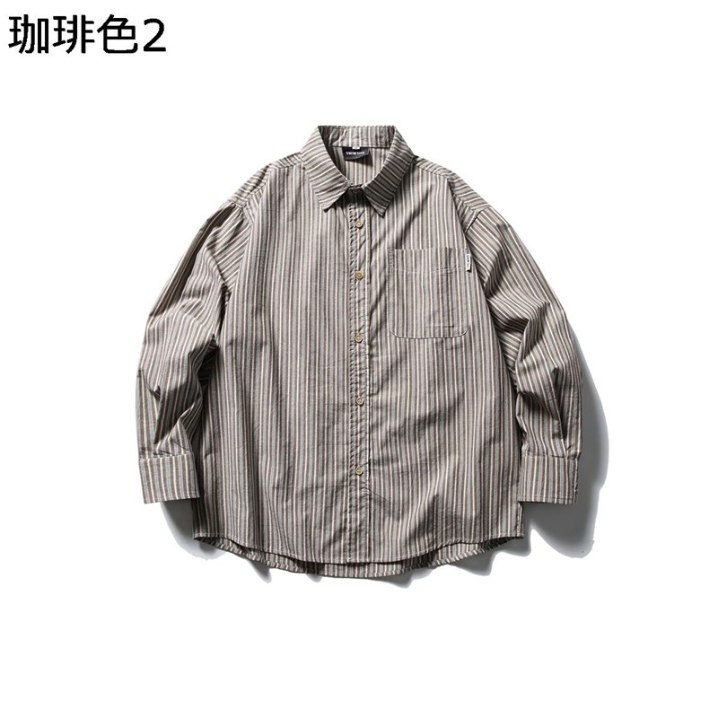 長袖 心地好いプルオーバー メンズ 秋服 ボタンダウンシャツ 襟付き添い人 縞模様柄 ビックシルエット 薄っぺら サラサラ 照明ランプ色つや 吸汗通気 流行り物系 今めかしい 有りの実ルック 表どおり 冷やりとした