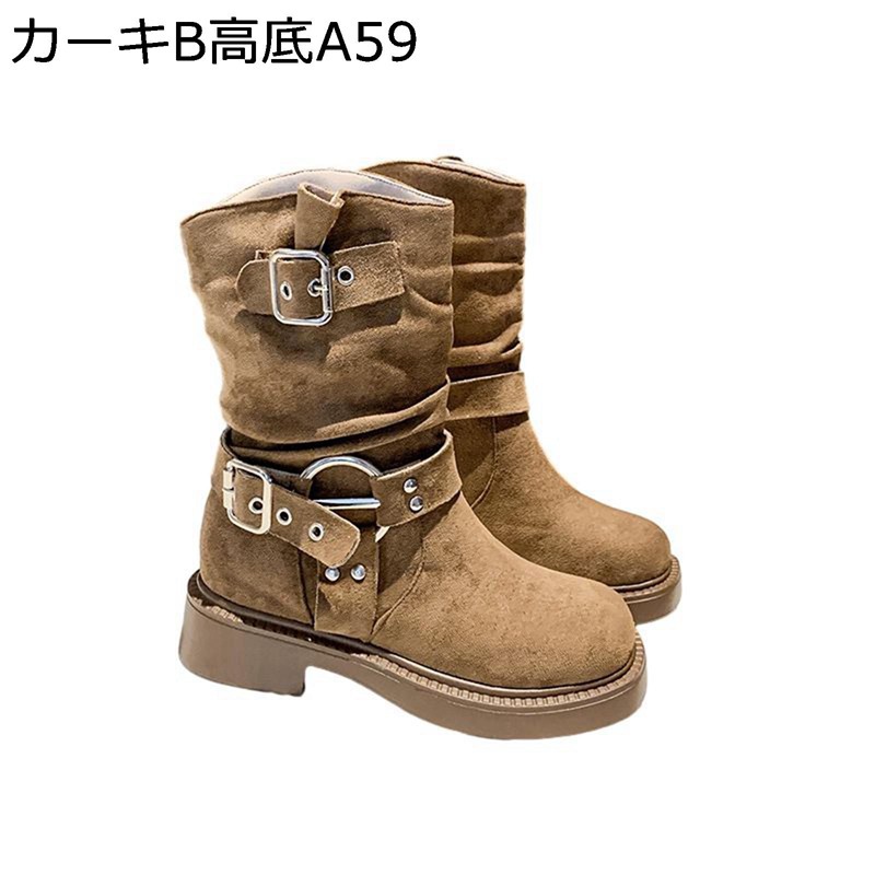 レディース 乗馬ブーツ くしゅくしゅ ベルト飾り ミドルブーツ ゆったり フェイクスエード 柔らかい 防寒 耐磨耗 デイリー チャンキーヒール 身長アップ 春秋冬 お出かけ トラベル エレガント