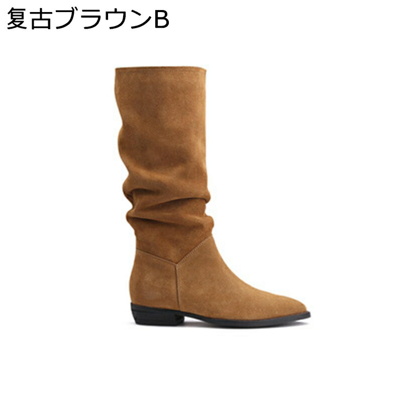 レディース 乗馬ブーツ ミドルブーツ ゆったり ヌバック 暖かい 防滑 耐磨耗 デイリー 身長アップ フラット 本革 牛革スエード 無地 春秋冬 通勤 通学 イベント おしゃれ レトロ調