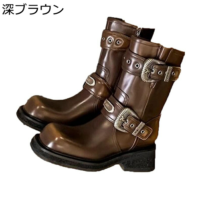 レディース ミドルブーツ カウボーイブーツ レザー 暖かい 厚底 軽量 ラウンドトゥ ベルト飾り ポインテッドトゥ チャンキーヒール 無地 モード系 欧米風 デイリー オートバイ トラベル 冬靴|感謝マーケット