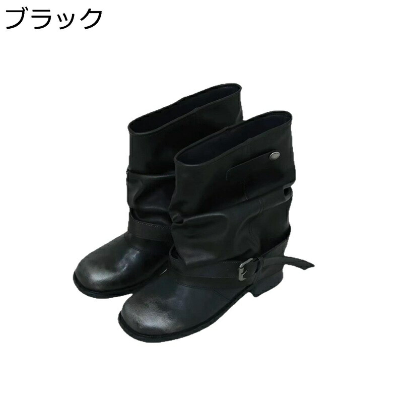 レディース 真っただ中ブーツ ウェスタンブーツ なめし革 釣りあい感 耐磨耗 黒いこと くしゅくしゅ ポインテッドトゥ チャンキーヒール ヴィンテージ 雅びやか クリスマス 婚式 寄りあい 冬靴