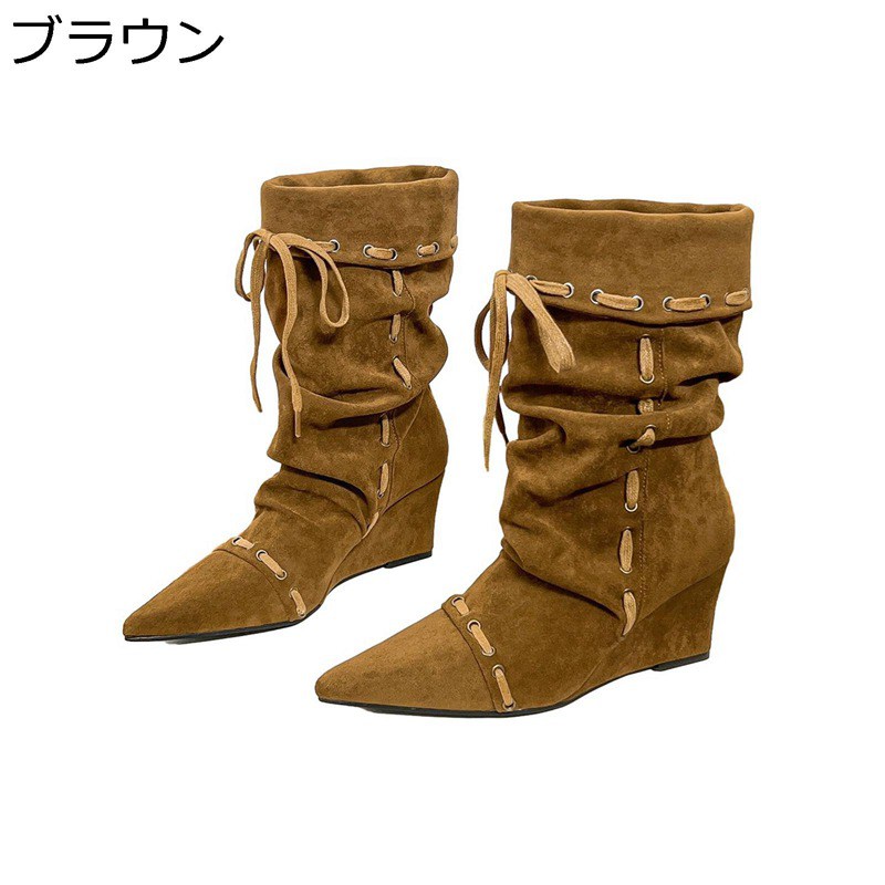 ウェスタンブーツ レディース 真っただ中ブーツ 秋靴 なめし革 冬 ウェッジ くしゅくしゅ 無地 ポインテッドトゥ チャンキーヒール 防寒 美脚 ウェスタン 今めかしい コスプレ 出来事 通学
