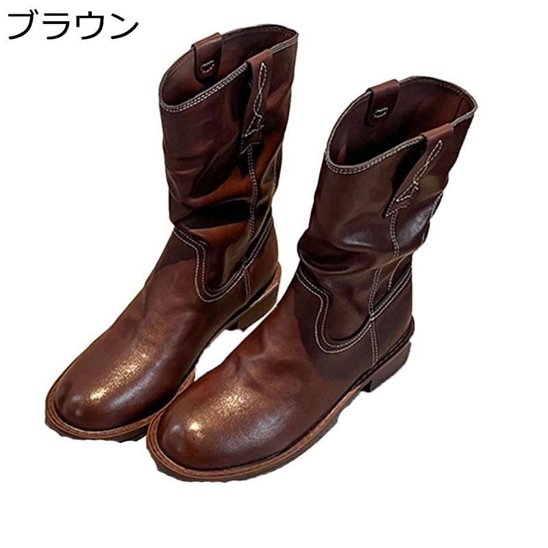 ウェスタンブーツ レディース 真っただ中ブーツ 冬靴 なめし革 冬 本革 赤銅色 ラウンドトゥ チャンキーヒール 防寒 美脚 流行り物系 欧米風 デイリー 乗り馬 通い