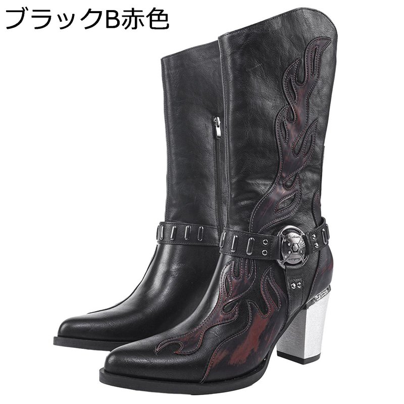 ミドルブーツ レディース ジョッキーブーツ 秋 ゆったり ポインテッドトゥ PUレザー チャンキーヒール 暖かい 安定感 耐磨耗 ゴシック ビジュアル系 モード系 イベント フェス 演出 脚やせ|感謝マーケット