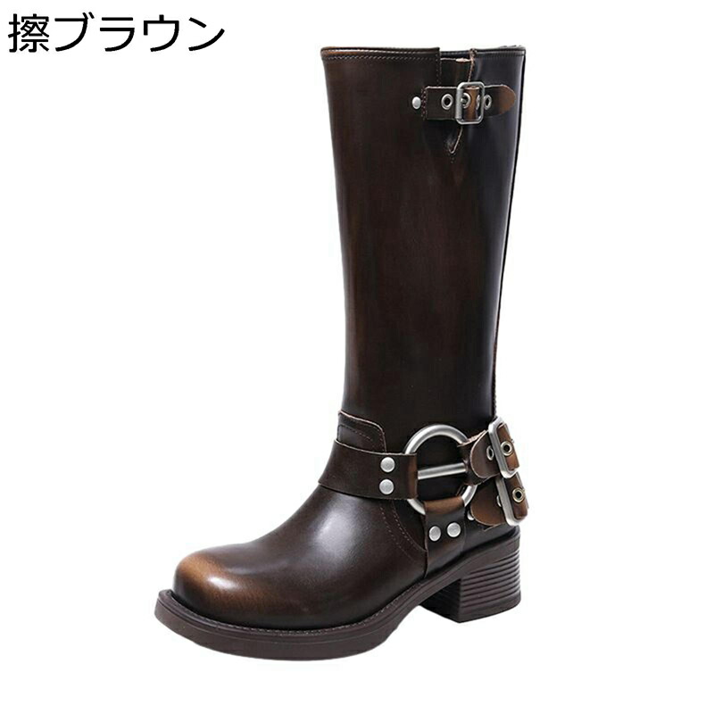 レディース 乗馬ブーツ ミドルブーツ ゆったり レザー 丈夫 防寒 ベルト飾り 牛革 耐磨耗 デイリー 身長アップ 焦がし加工 ビジュアル系 チャンキーヒール 冬用 通勤 通学 イベント シンプル|感謝マーケット