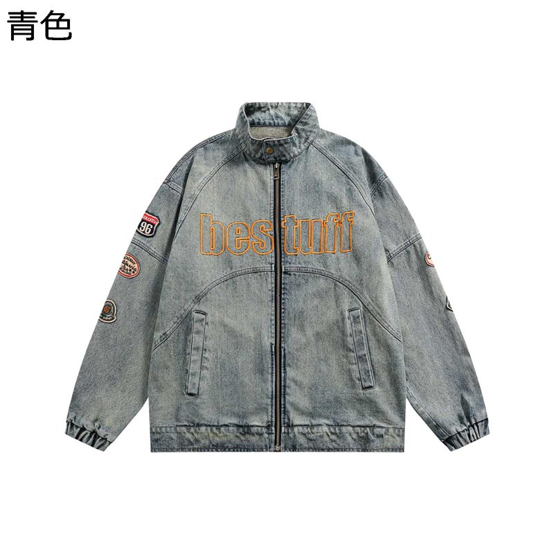 メンズ デニムジャケット ファスナー ブルゾン レディース ステンカラー 綿100 ウォッシュ加工 野球服 スタジアムジャンパー スポーツ ビンテージ調 防風防寒 スタジャン ワッペン飾り 作業着|感謝マーケット