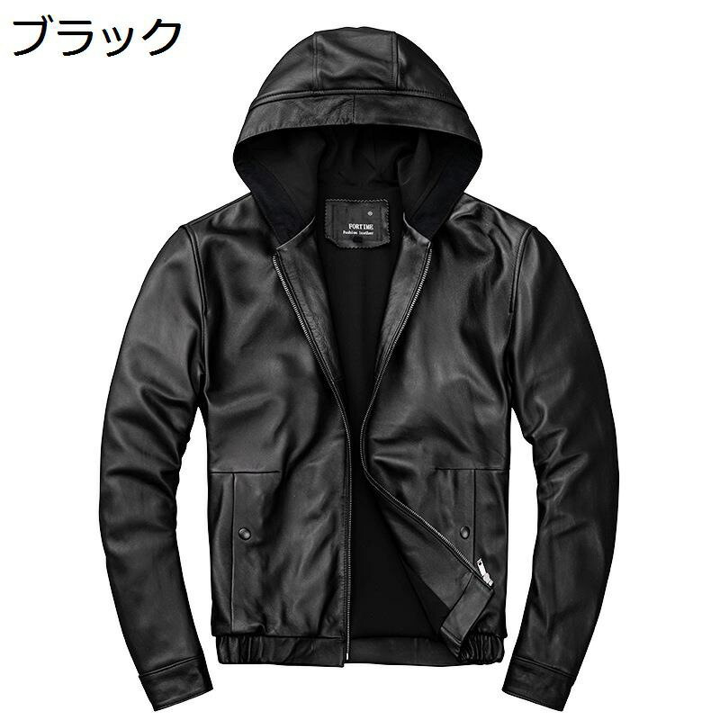 メンズ レザージャケット フード付き コート 羊革ジャケット 長袖 本皮 ライダースジャケット スリム 男性 無地 シングル ビンテージ パンク風 おしゃれ ファッション 紳士服 秋服 オーバーサイズ｜感謝マーケット