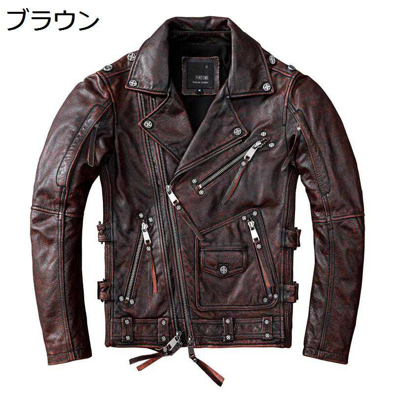 メンズ レザージャケット 牛革 ライダースジャケット 本革ジャン 大きいサイズ マルチジップ 長袖 スリムフィット 男性 レトロ 無地 シングル ビンテージ バイク系 通勤 通学 軽量 紳士服 秋冬春｜感謝マーケット 32,020円