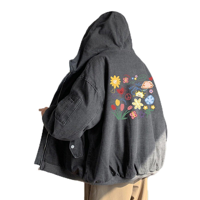 ボアデニムジャケット 花柄 刷り上げる柄 メンズ 馬鹿でかい大きさ レディース ファスナー付 裏ボア デニムボアジャケット ボア前掛け ボンネット Gジャン 秋冬 前食い違い 防風 防寒 b系 表どおり系 有りの実