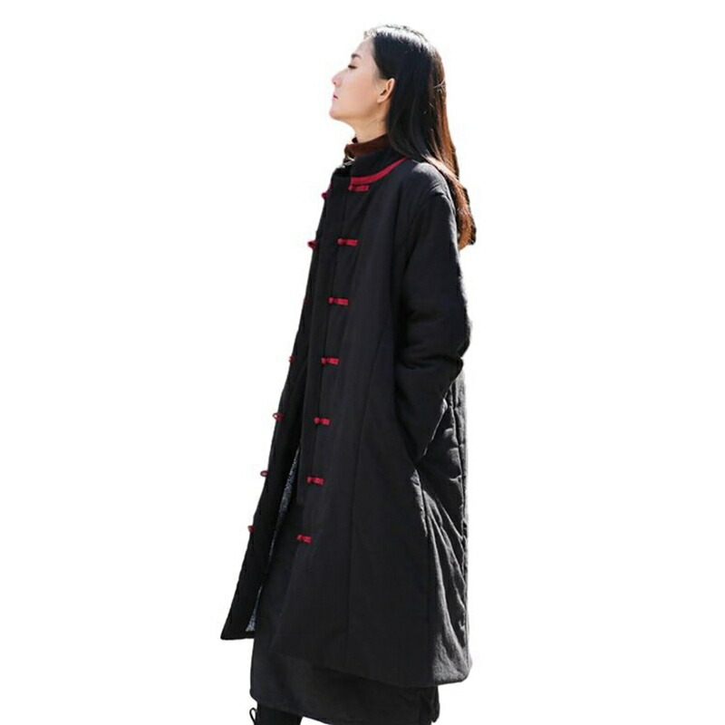 棉服コート レディース チャイナ風 長袖 厚手 綿 麻 ロングコート ベンチコート 冬 チャイナボタン 結び釦シャツ 着痩せ ゆったり アウターコート アウトドア レディースファッション 冬のコート｜感謝マーケット
