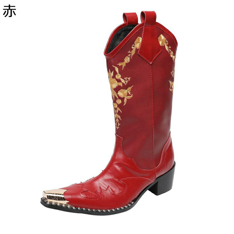 ?士靴 メンズ ウエスタンブーツ ミドル丈 乗馬ブーツ 復古 レトロ V口 花柄刺繍 秋用 ウィンター ポインテッドトゥ チャンキー 防滑 カウボーイ カウガール 欧米風 カジュアル 日付 夕方｜感謝マーケット
