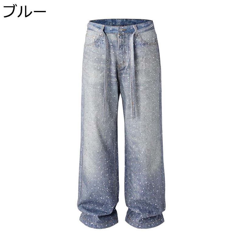 デニムパンツ メンズ レディース バギージーンズ キラキラ カジュアル ストレート Ｇパン ルーズ ワイド ロングパンツ 秋冬 ストリートファション ボリューム感 ヒップホップ デザイン性 B系｜感謝マーケット