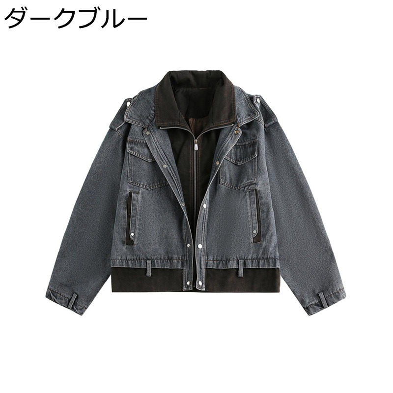 ジャンパー メンズ フェイクインナー デニムジャケット ｇジャン ジージャン ダブルネック ゆったり ジッパージャケット スタジャン ビックシルエット ストリート カッコイイ アウター 春 秋服 ライダース 普段着｜感謝マーケット