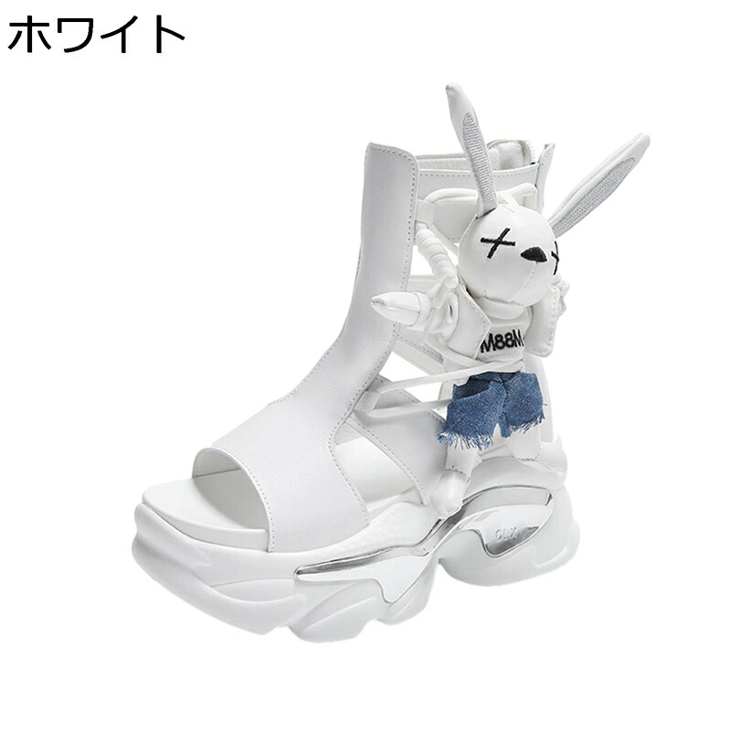 サマーブーツ サンダルブーツ ウサギ飾り レディース 5cmヒール 厚底 かわいい オープントゥ 牛革 ゴムソール バックジッパー 夏 防滑 ハイカット ファンションサンダル プラットフォーム