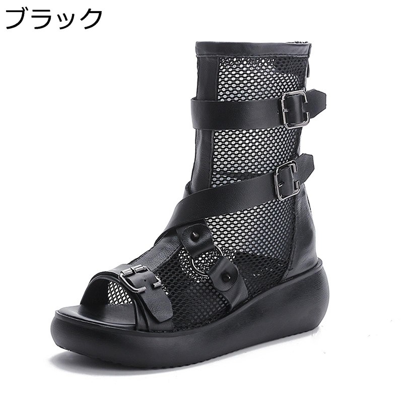 ショートブーツ メッシュ サマーブーツ オープントゥ サンダル 本革 レディース ブーツサンダル シースルー バックル パンプス 美脚 歩きやすい ブーツ 厚底 バックファスナー おしゃれ｜感謝マーケット