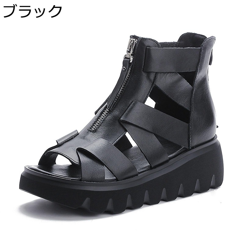 本革サンダル レディース ブーツサンダル オープントゥ ショットブーツ 厚底 フロントジッパー プラットフォーム 身長up カジュアル ヴィンテージ 夏 クッション性 グルカサンダル 手作り|感謝マーケット