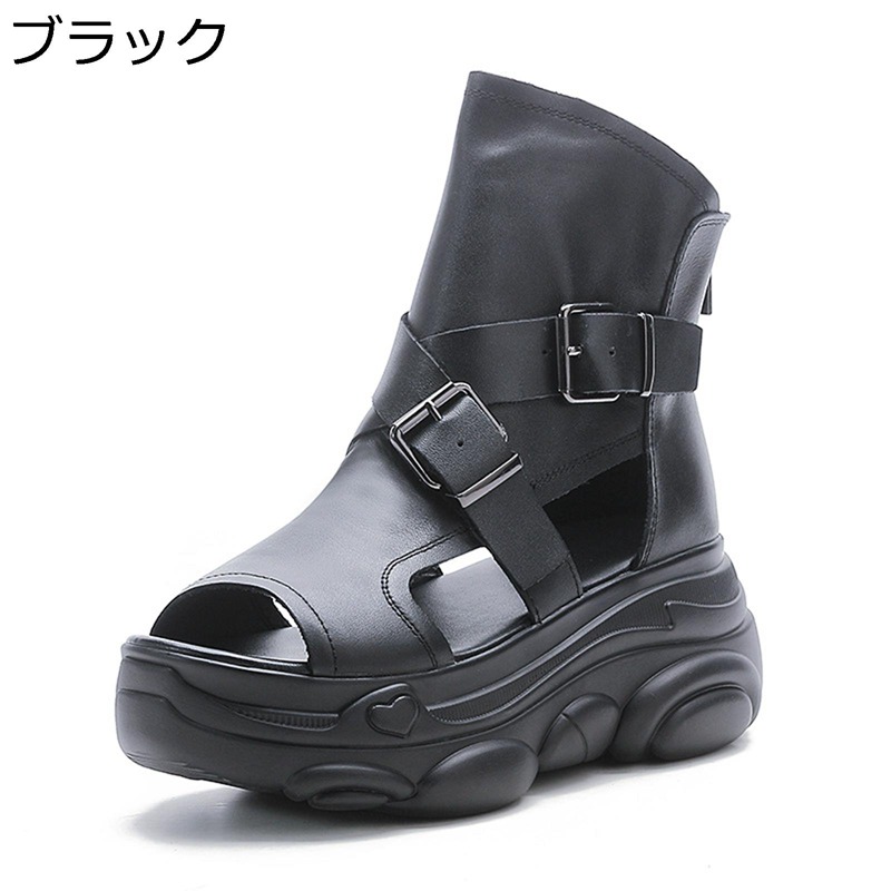 サマーブーツ 本革 レディース ブーツサンダル オープントゥ バックル クロスベルト ショットブーツ 厚底サンダル ヴィンテージ 大きいサイズ 身長up 牛革 ブーティ 柔らかい 夏ブーツ｜感謝マーケット
