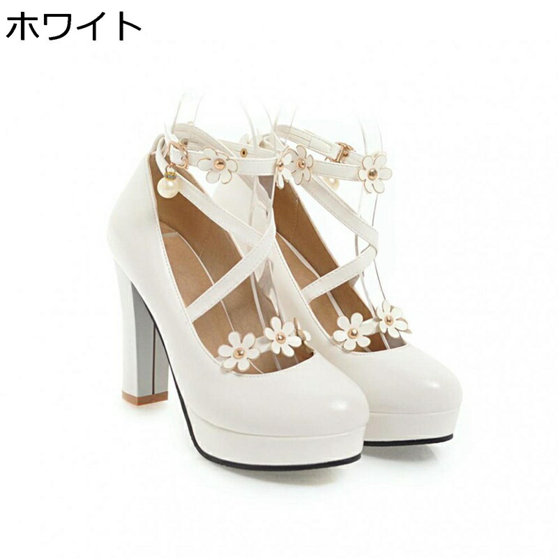 パンプス ロリータ 手ぬるい ハイヒール チャンキーヒール 10コマーシャル踵 花飾りつけ レディース アンクルストラップ クロスストラップ 茶話会 甘ロリ靴 定番 一こま 妃殿下風 仕掛地雷系 地下室偶像