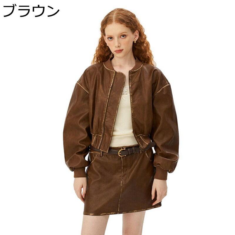ジャケット フェイクレザー pu皮革ジャンパー レディース 長袖 ショート丈 ヴィンテージ ジッパー 襟なし アメカジ 普段着 ライダース おしゃれ アウター 秋冬 ルース ライトジャケット