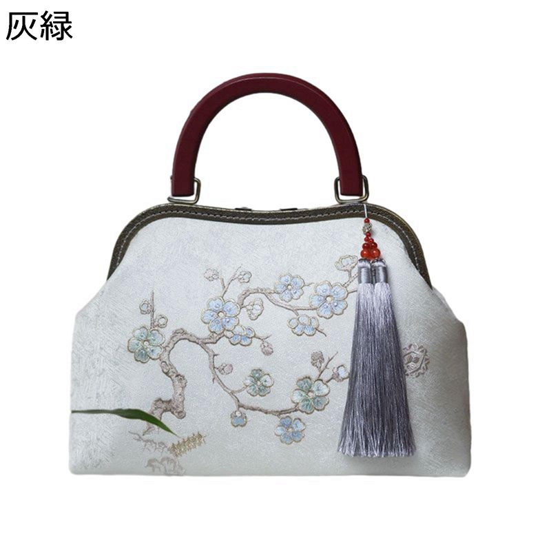 パーティーバッグ レディース クラッチバッグ 結婚式 白 花柄刺繍 緑梅 がま口 フリンジ 可愛い オシャレ ハンドバッグ ポシェット 財布 大人 普段使い 和装用 着物用 レトロ ヴィンテージ エレガント|感謝マーケット