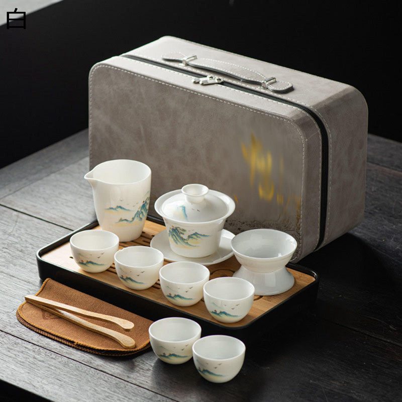 ティーセット 急須 湯飲み 旅行 茶器揃 茶具セット 陶瓷 茶の入れ 茶漏れ 携帯用茶具 ガイワン 茶器乾燥ティートレー ポータブル 持ち運び便利 専用保護ケース付き 日本茶 中華風 優雅さ 新生活 業務用 出張用|感謝マーケット