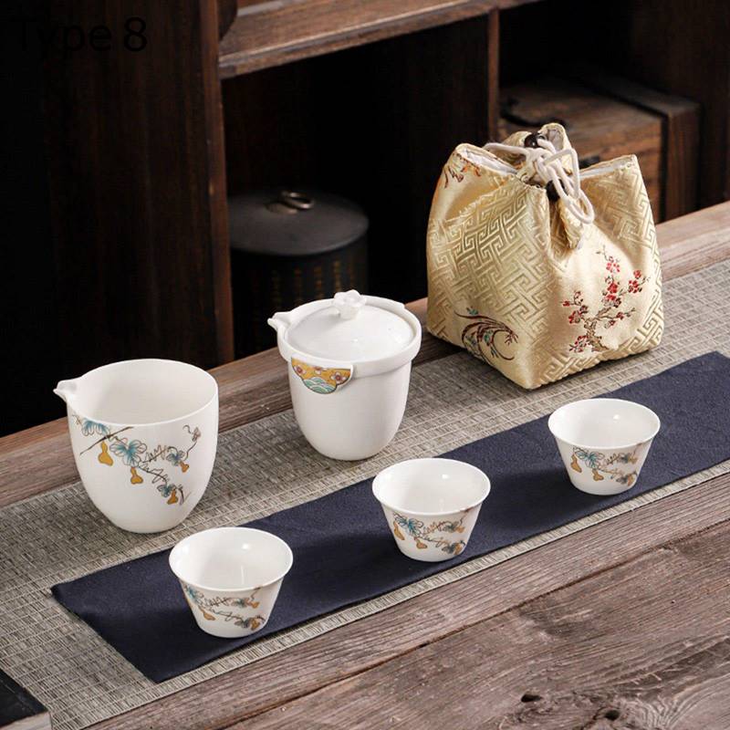 セラミックティーセット 4客入 花柄 茶器セット 旅行ティーセット 急須 湯呑み 敷物付き 麦茶ポット ティーカップ ポータブル お茶出し 超軽量 中華風 茶道 花茶 ほうじ茶 日本茶 キャンプ用品 母の日 贈物 日常使い